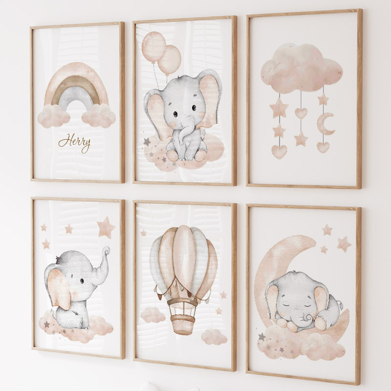 Baby Nursery Art - لطيف الفيل الساخن بالون القمر قوس