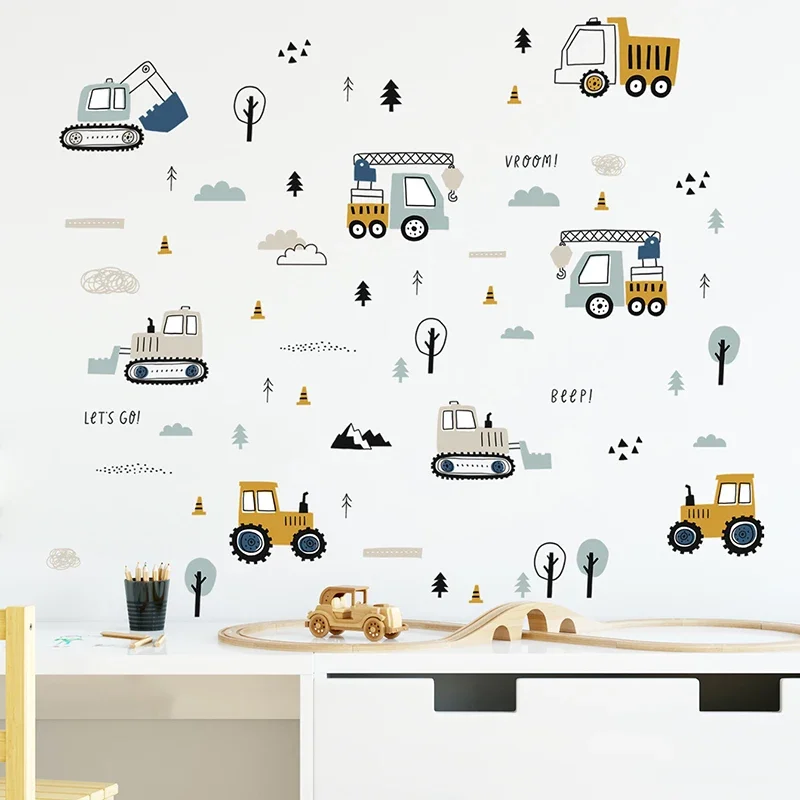 Baby Nursery Wall Mural - مرسومة باليد لطيف سيارات شاحنة بضائع