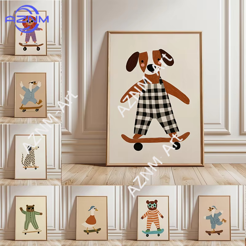 Baby Nursery Art - لوحة فنية مضحكة لحيوانات تمارس التزلج،